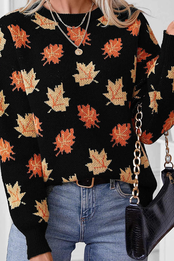Maple Leaf Pattern Loose Knitted Sweater