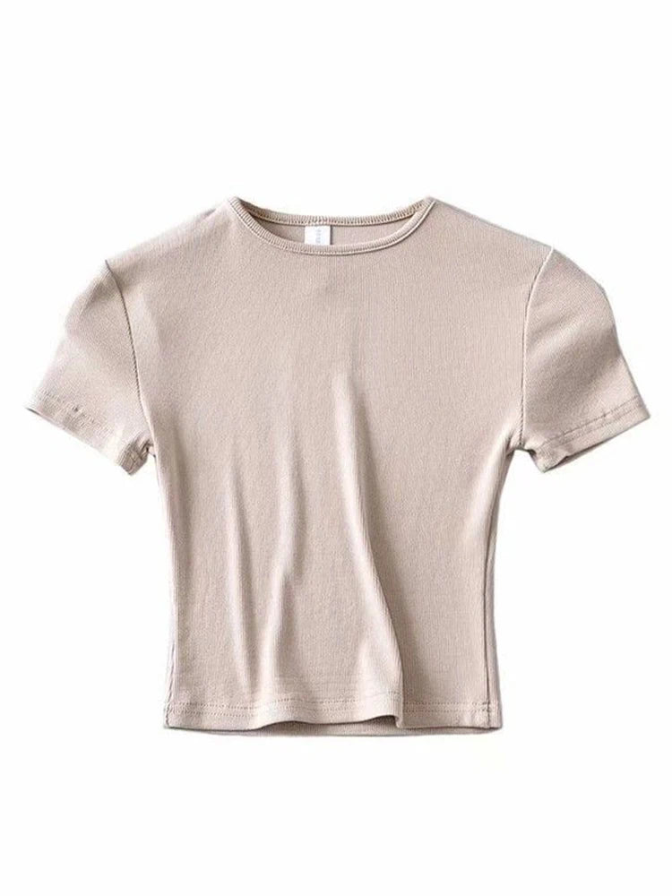 Summer Woman Slim Fit T-shirt Tight Cotton Short-sleeve O-neck Tee Crop Tops