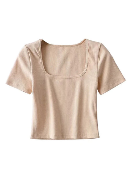 Square Neck Rib Crop T-shirt Short Sleeve Crop Top