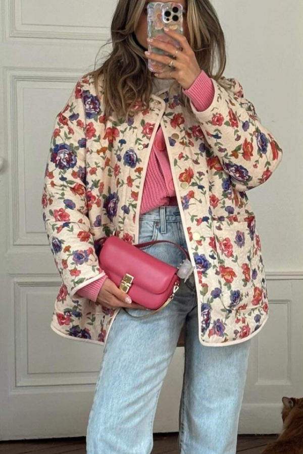 Street V-neck Loose Cardigan Print Cotton Coat for