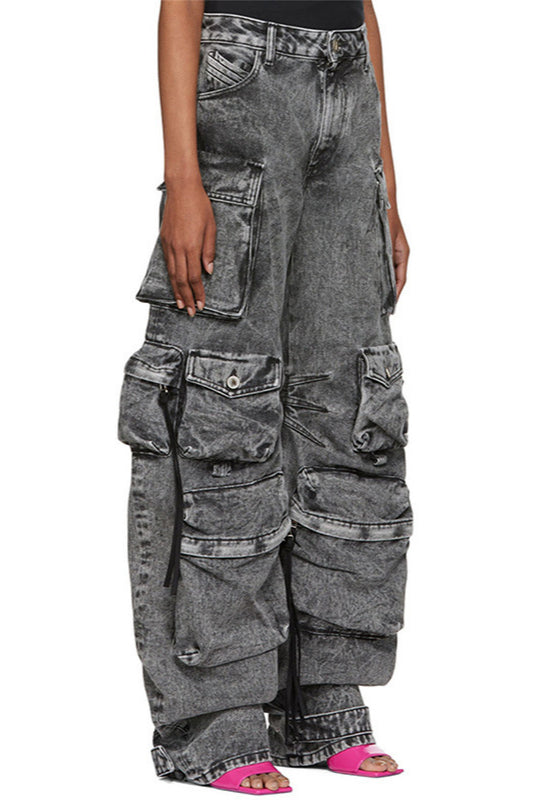 Street Style Washed Grey Multi-pocket Cargo Pant