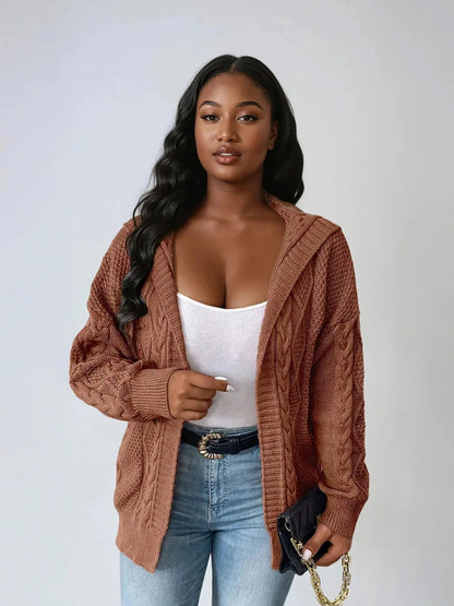 Hooded Cable Knit Cardigan Open Front