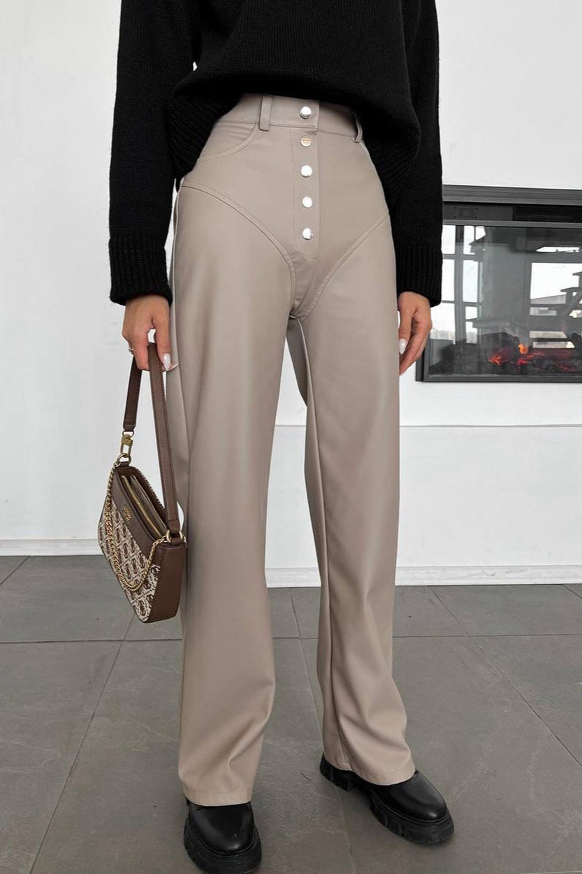 Leather Patchwork Slim Straight Pants