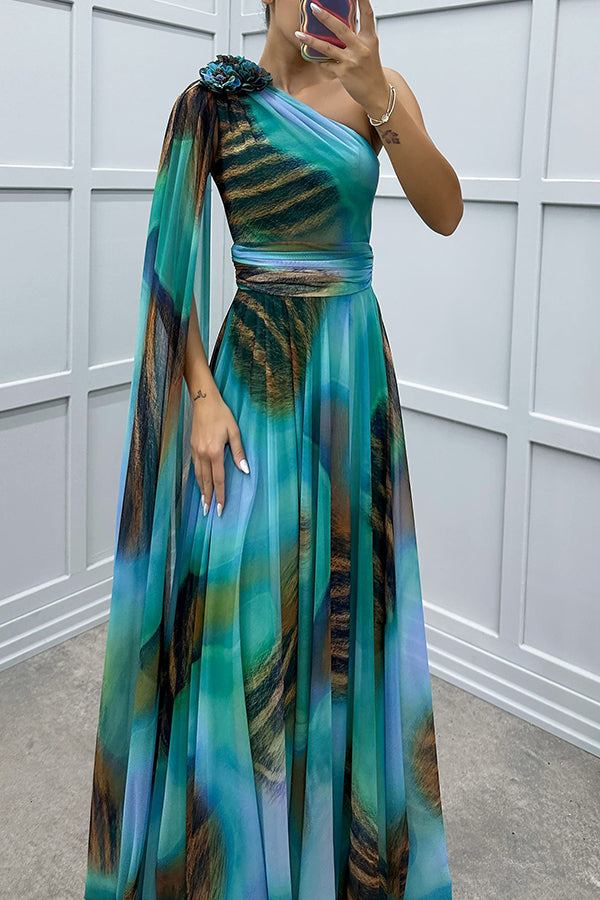 Lucia Unique Print Detail One Shoulder Draped Sleeve Gown Maxi Dress
