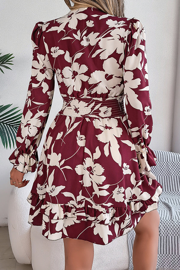 Print V-neck Lace-up Long-sleeve Elastic Waist Mini Dress