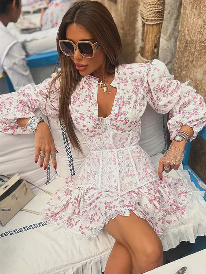 V-neck Printed Lace Mini Dress Female Ruffled High Waist Patchwork Contrast Slim Bandage Summer Party Looks Dress