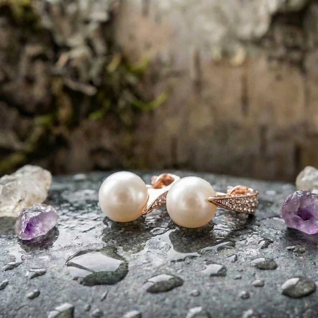 Set Necklace + Earrings With Pearls In Rose Gold