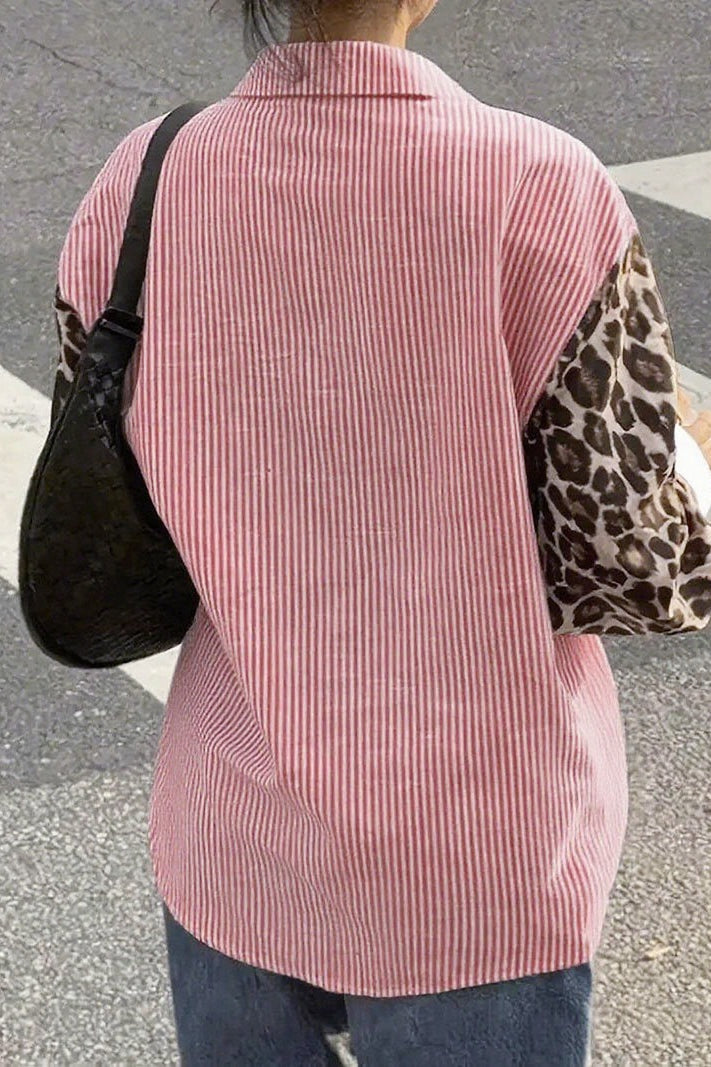 Stripe Leopard Patchwork Long Sleeve Blouse