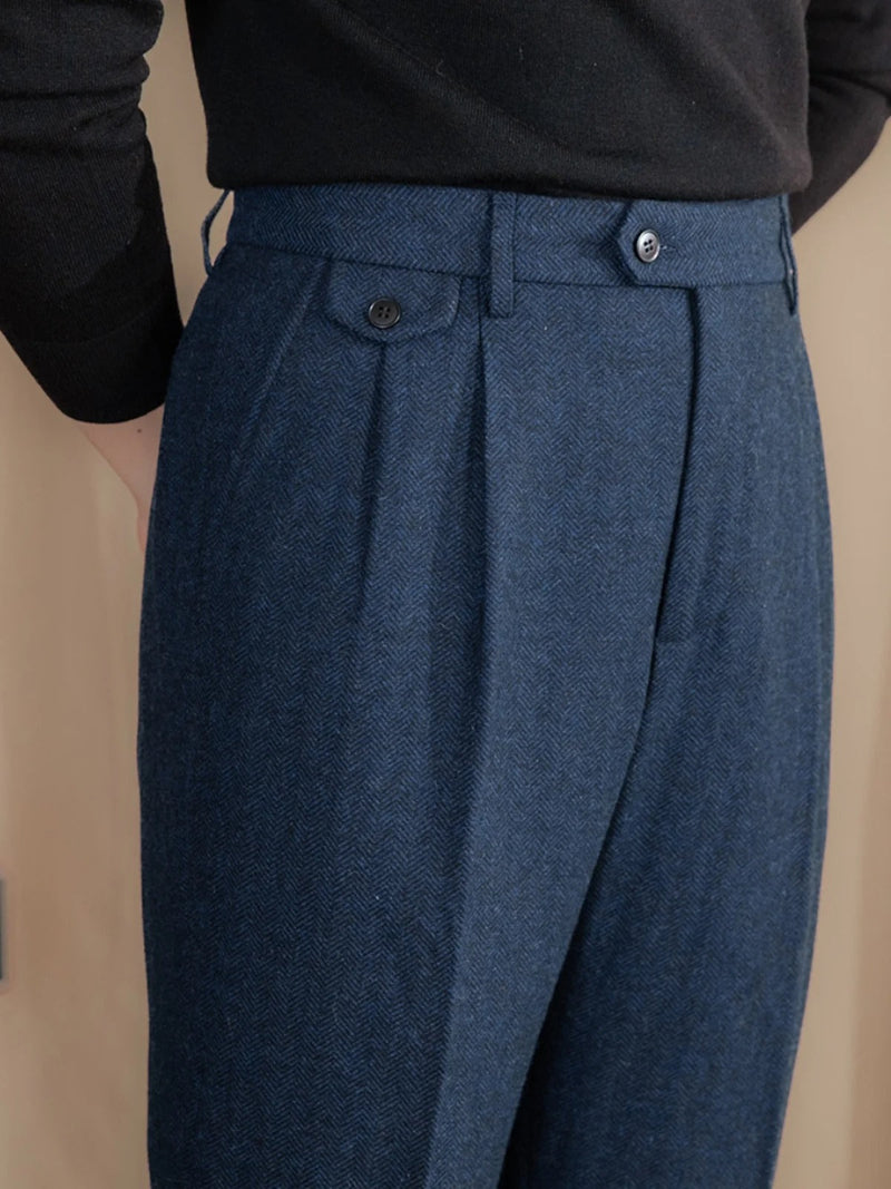 Valentio Wool Blend Herringbone Pleated Pants