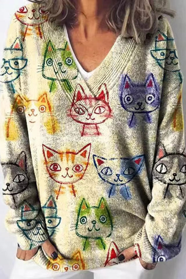 Unique Printed V-neck Long Sleeve Loose Sweater