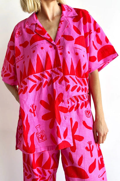 Unique Print Short Sleeves Blouse Shirt Elastic Waist Wide Leg Pants Set