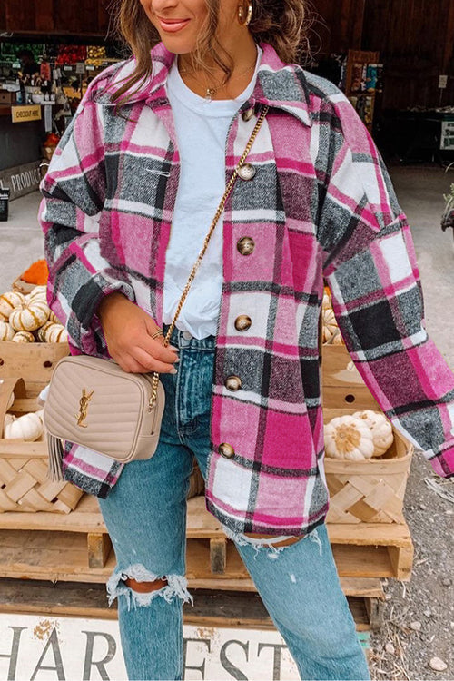 Moxidress Drop Shoulder Button Up Plaid Shirt Coat