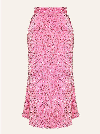 Sequin Decorated Velvet Skirt in Pink