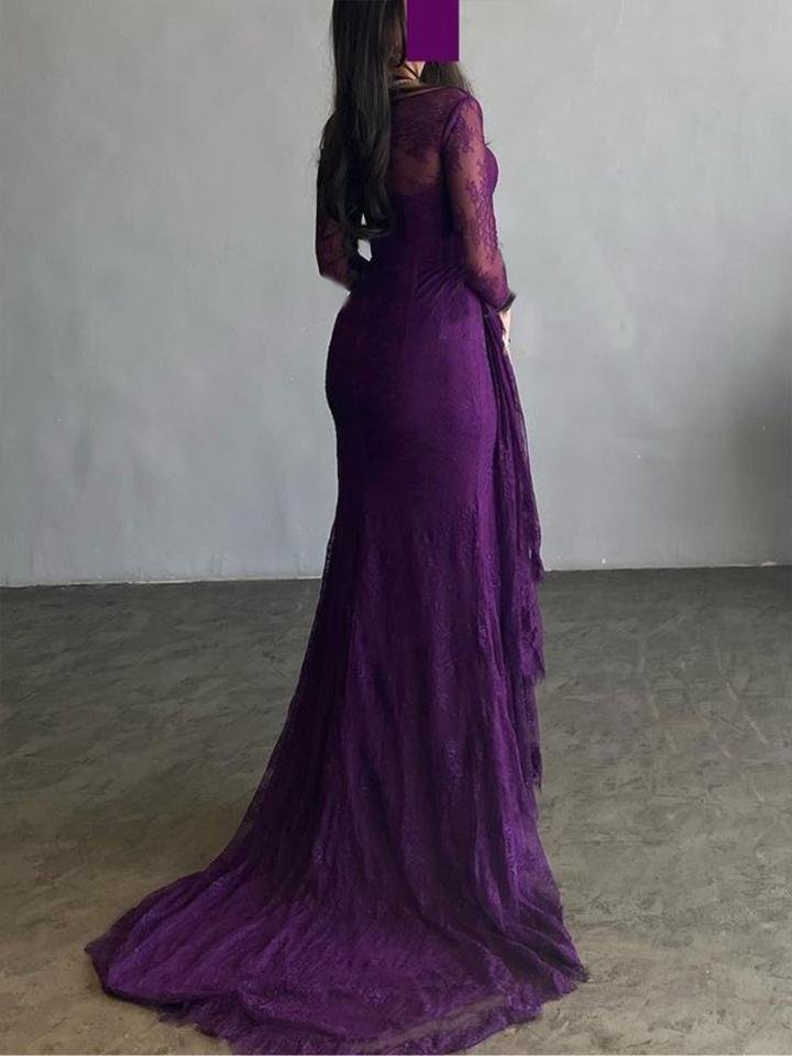 Long Sleeves Mermaid Mesh See-through Split-side Square-neck Evening Dresses Maxi Dresses