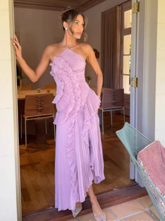 Halter Neck Pleated Maxi Dress _ High-quality Purple Vacation Dress