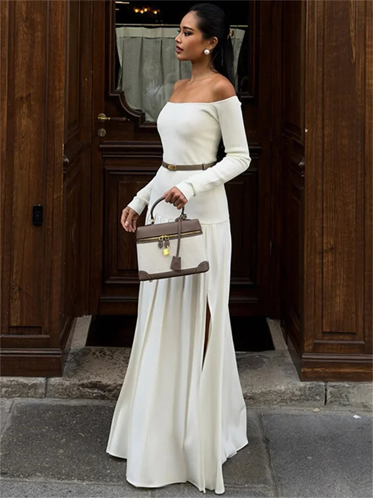 Off-shoulder Patchwork Maxi Dress ’s Commute Autumn Dress Female Backless Long Dress New