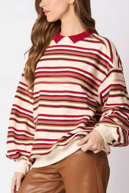 Striped Lapel Long-sleeved Top Loose Sweatshirt