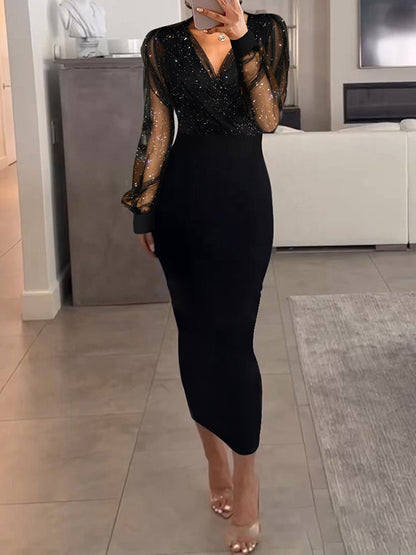 Bodycon Long Sleeves Color Split-joint V-neck Midi Dresses