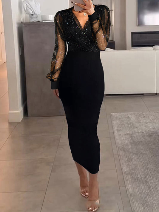 Bodycon Long Sleeves Color Split-joint V-neck Midi Dresses