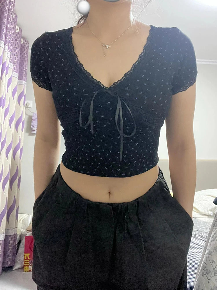 Korean Kawaii Lace Patchwork T-shirt Y2k Aesthetic Top Bow Knot V-neck Short Sleeve Crop Top Elastic Slim