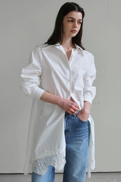 Soft Ruffled Lace Asymmetric Shirtdress Long Sleeve Mini Dress