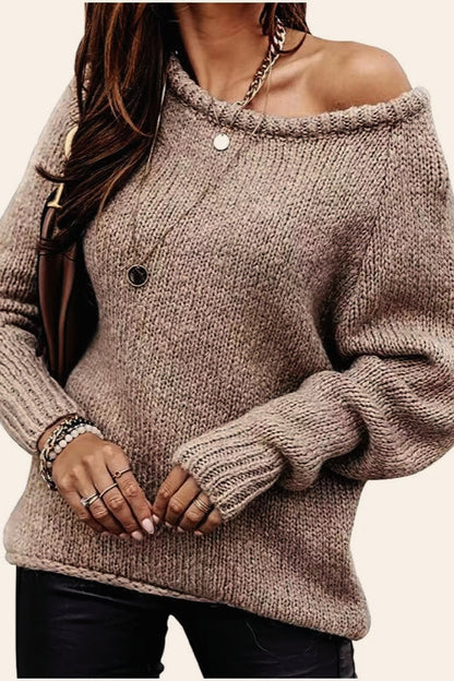 Off-shoulder Crew-neck Loose Knit Sweater