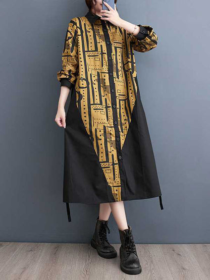 A-line Long Sleeves Asymmetric Contrast Color Printed Warp Knitting Lapel Midi Dresses Shirt Dress