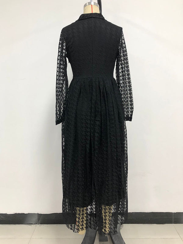 High Waisted Long Sleeves Buttoned Gauze See-through Color V-neck Maxi Dresses