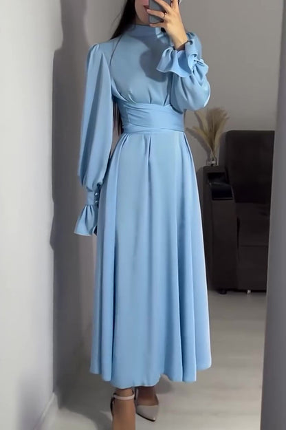 Color Ruffled Sleeves Waisted Tie Slim Fit Maxi Dress