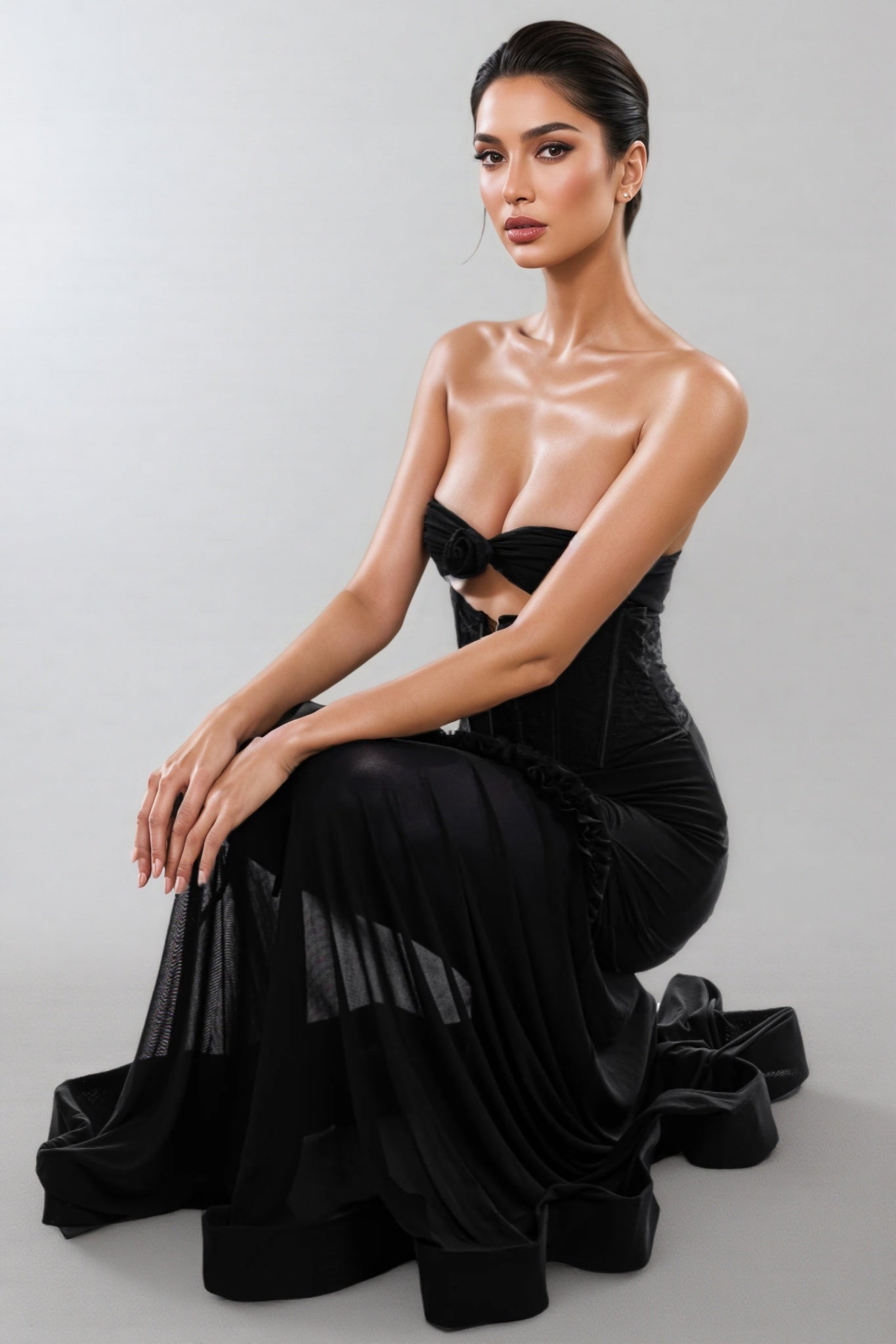 Rykelf Black Embroidered 3d Flower Maxi Dress