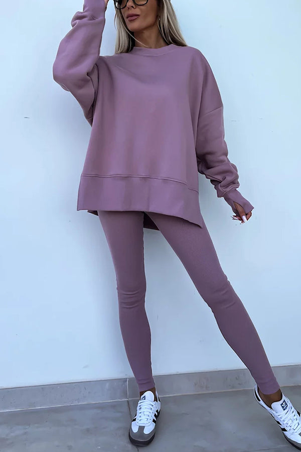 Color Loose Long Sleeve Slitsweatshirt and Elastic Waist Tight Pants Set