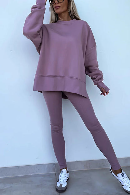 Color Loose Long Sleeve Slitsweatshirt and Elastic Waist Tight Pants Set