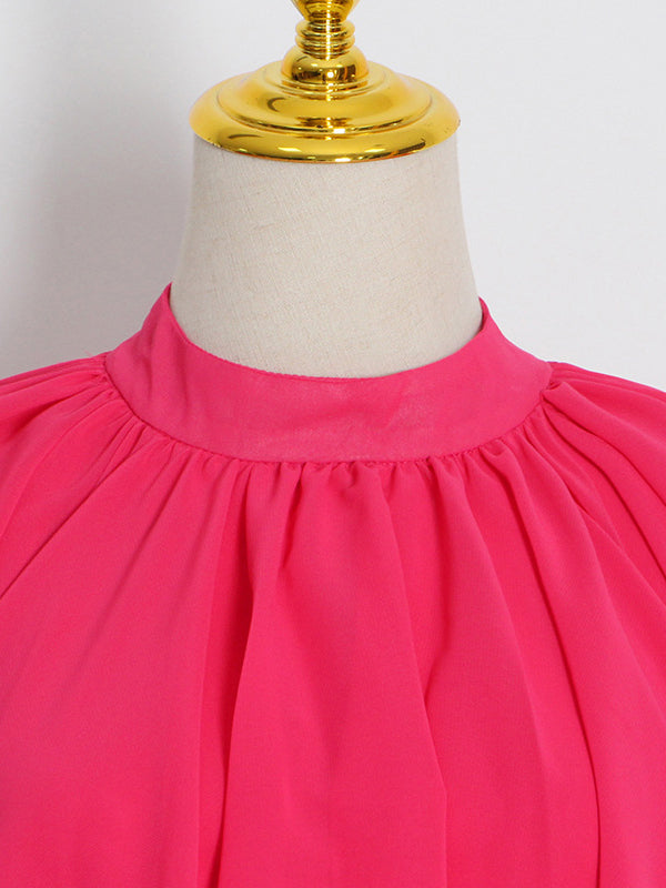 Loose Raglan Sleeve Color Tiered Stand Collar Maxi Dresses