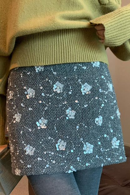 Embroidered Sequin High Waist A-line Skirt