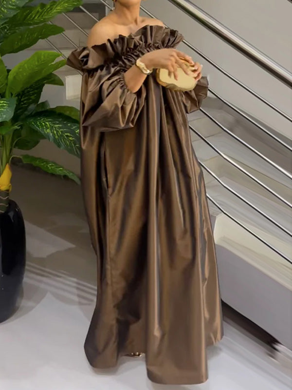 Loose Puff Sleeves Falbala Pleated Color Off-the-shoulder Maxi Dresses