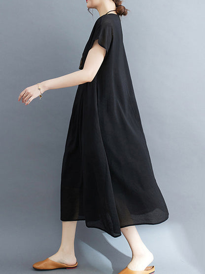 Loose Short Sleeves Color Split-joint Round-neck Midi Dresses