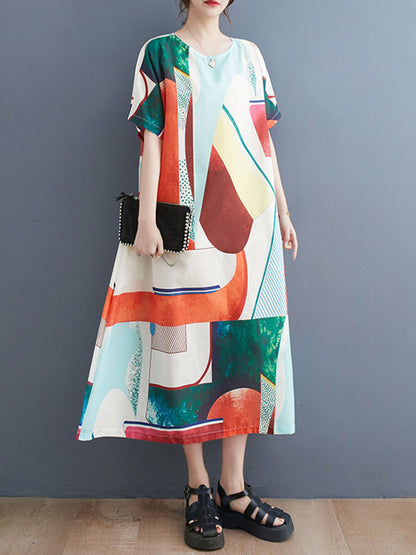 Short Sleeves Loose Contrast Color Round-neck Midi Dresses