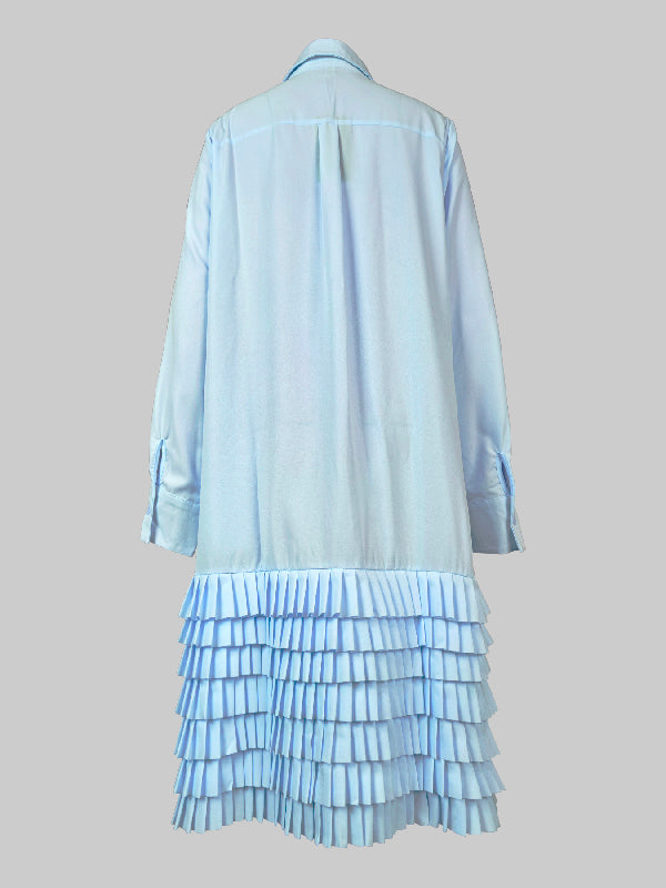 A-line Long Sleeves Layered Pleated Pockets Color Split-joint Lapel Midi Dresses Shirt Dress