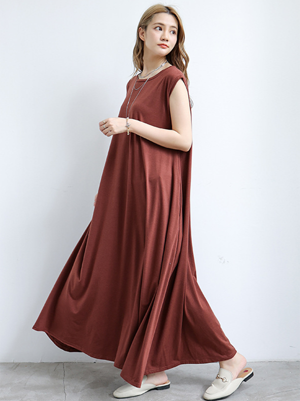 Simple Loose Sleeveless Color Round-neck Maxi Dresses