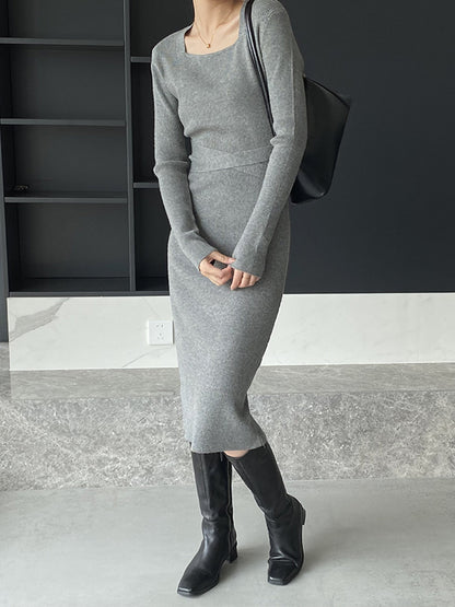 Simple Skinny Long Sleeves Color Square-neck Sweater Dresses