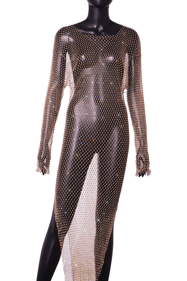 Best Layering Items Mesh Wide Neck Long Sleeve Slit Cover-up Maxi Dress