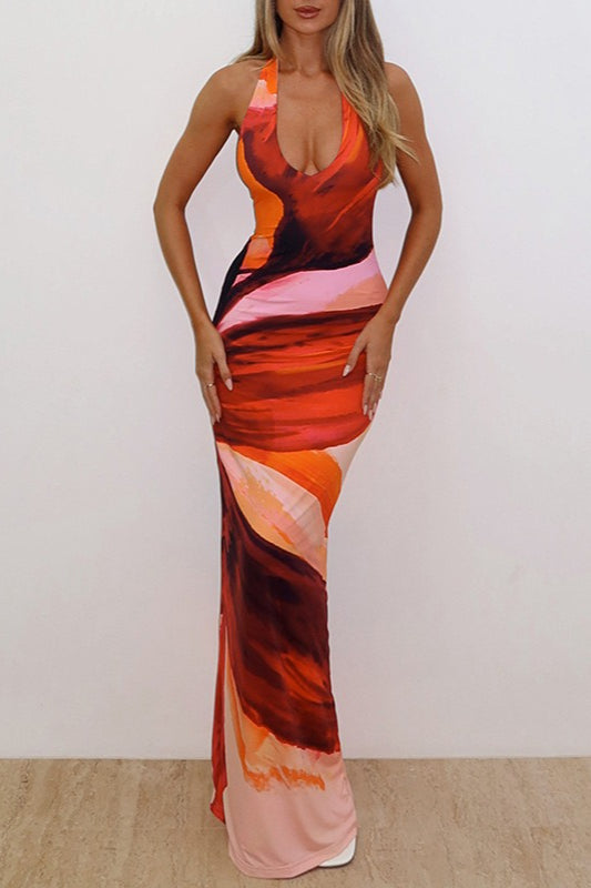 Print Halter Tie Bodycon Split Maxi Dress