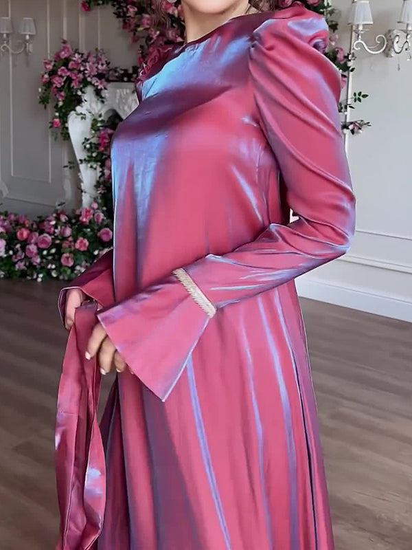 A-line Long Sleeves Pleated Color Tied Waist Zipper Round-neck Maxi Dresses