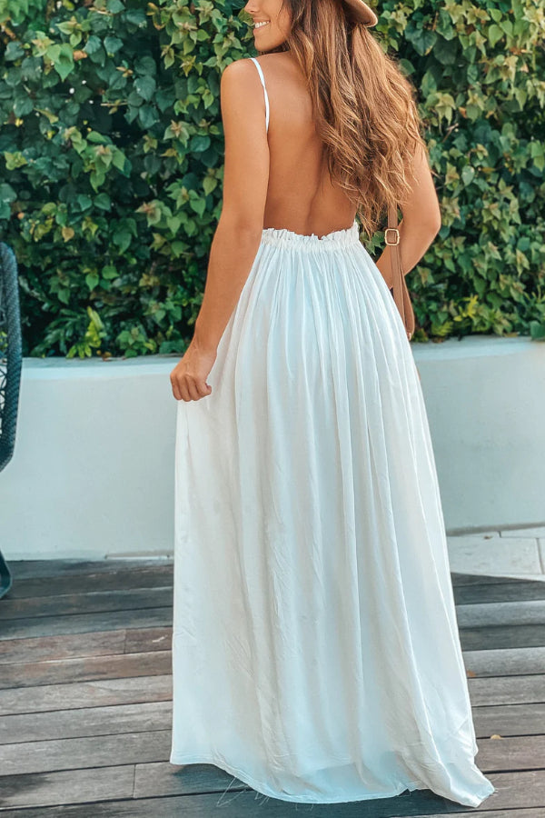 Off White Maxi Dress With Open Back and Frayed Hem
