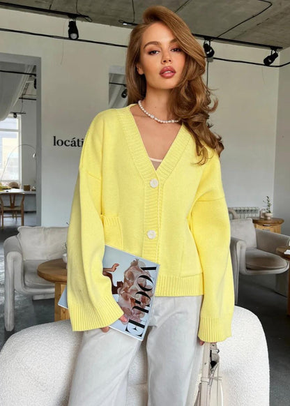 Bright Yellow Oversized Cardigan - ’s V-neck Knit Sweater