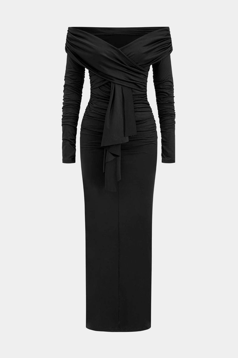 Ruched Off Shoulder Drape Detail Maxi Dress
