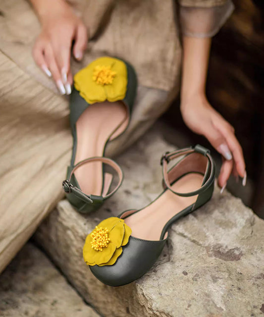 Green Flat Sandals Splicing Buckle Strap