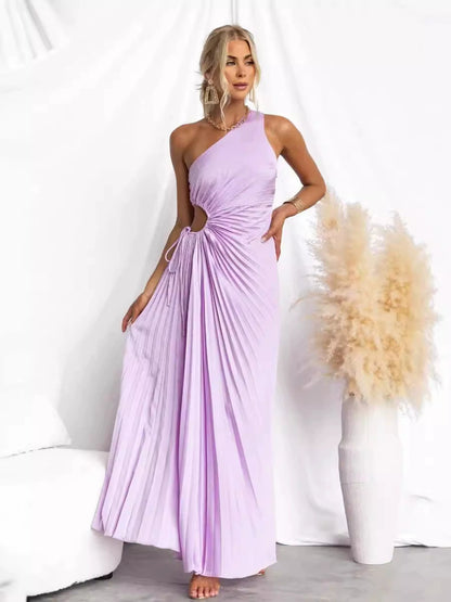 Pleated One Shoulder Cut-out Waist Midi Dress