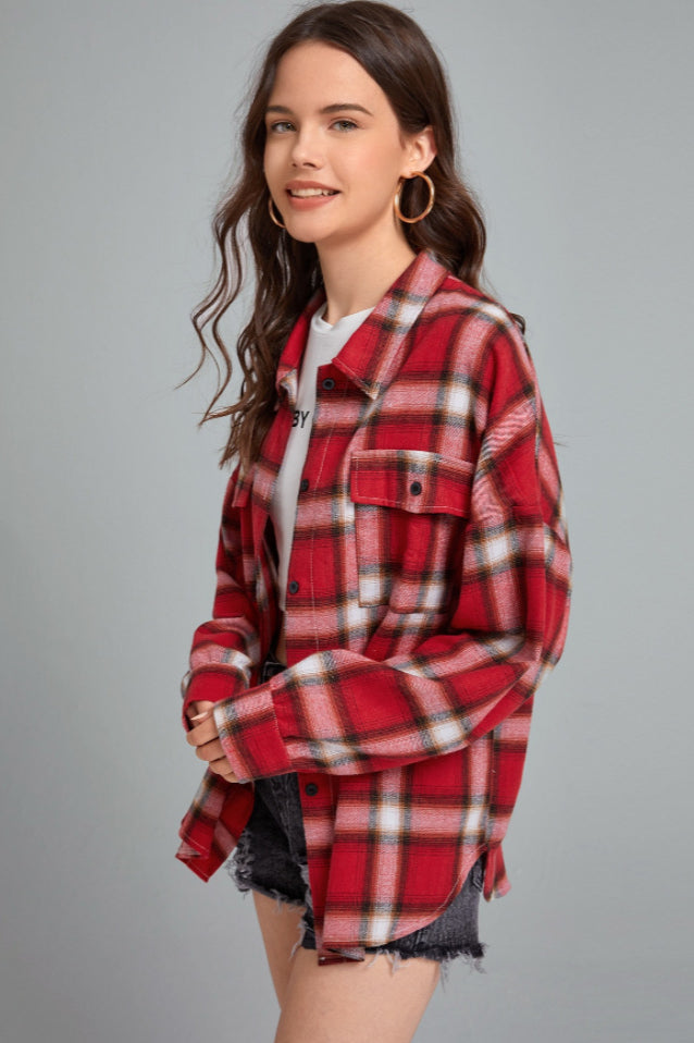 Plaid Stand Collar Button Shirt Blouse