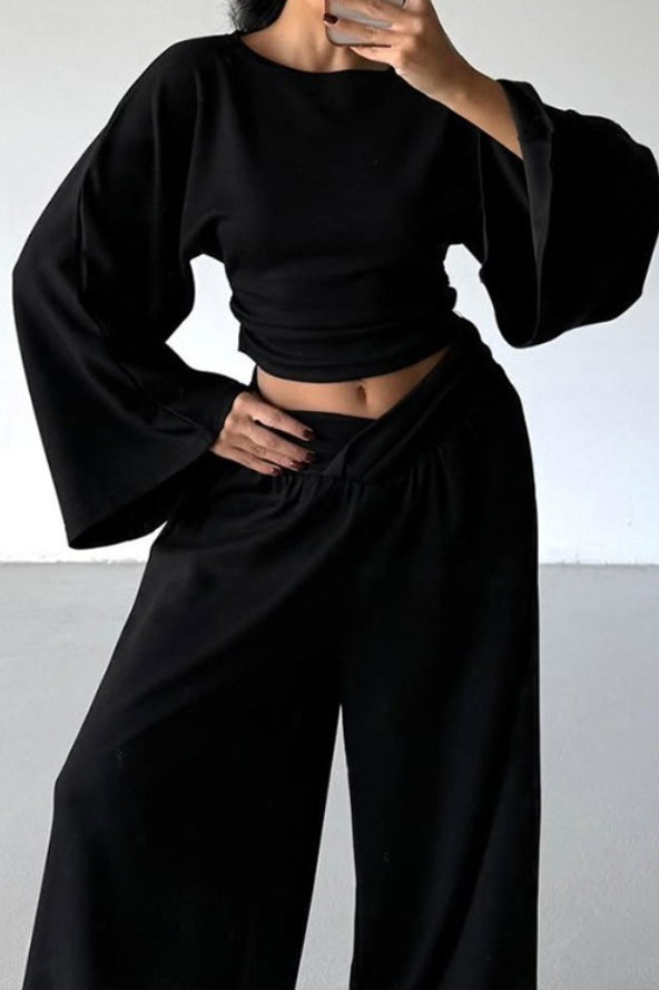 Cinched Waist Flared Sleeve Top Palazzo Pants Set
